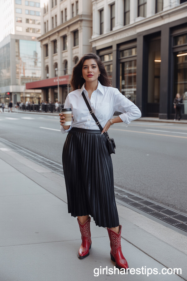 Pleated Midi Skirt and Red Cowboy Boots Urban Style