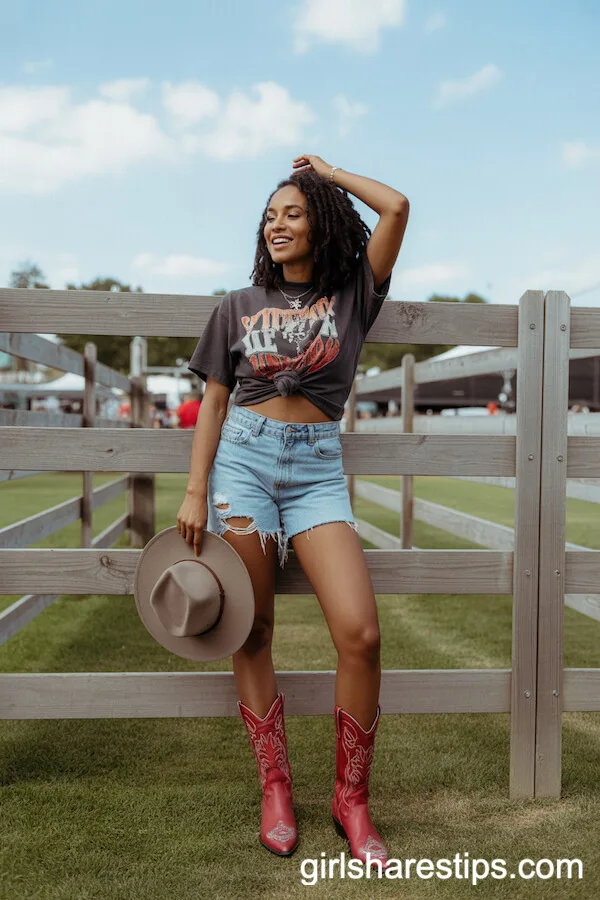 Shorts, Graphic Tee, and Red Cowboy Boots