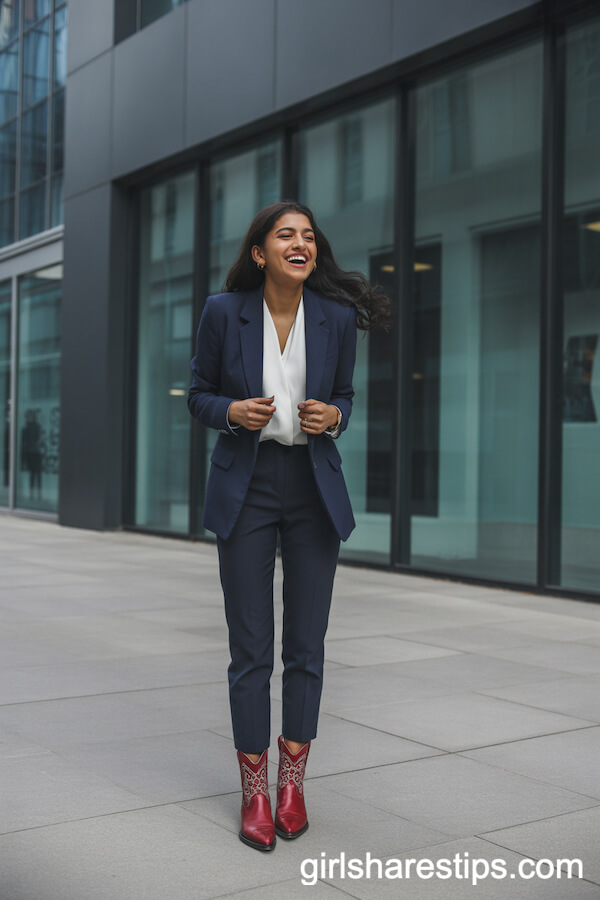Blazer, Trousers, and Red Cowboy Boots