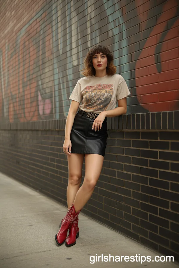 Vintage Band Tee and Leather Skirt with Red Cowboy Boots