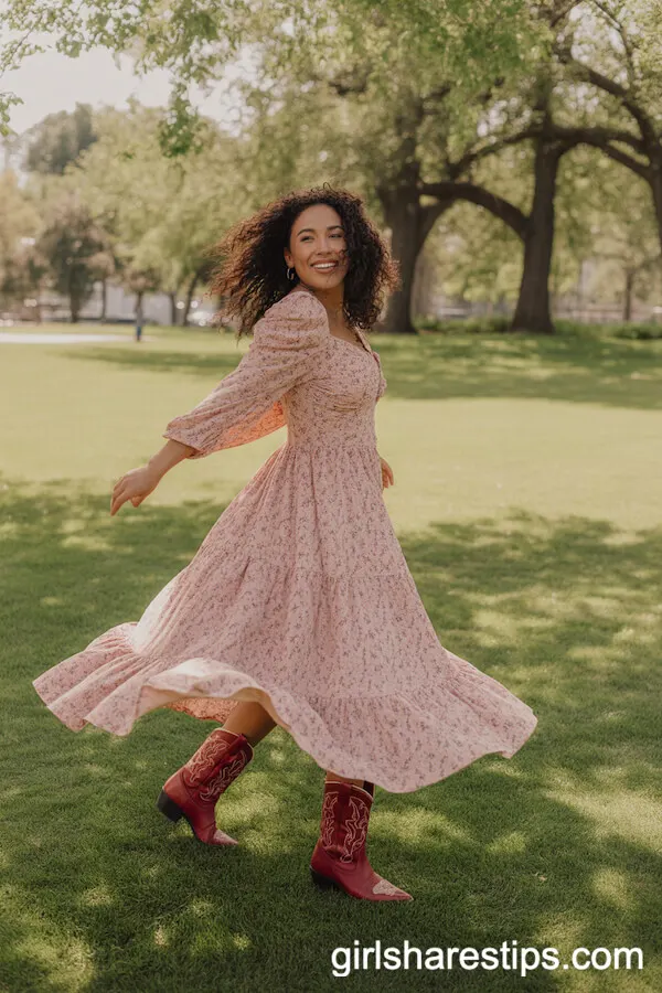 Flowy Floral Dress and Red Cowboy Boots for a Playful Day Out