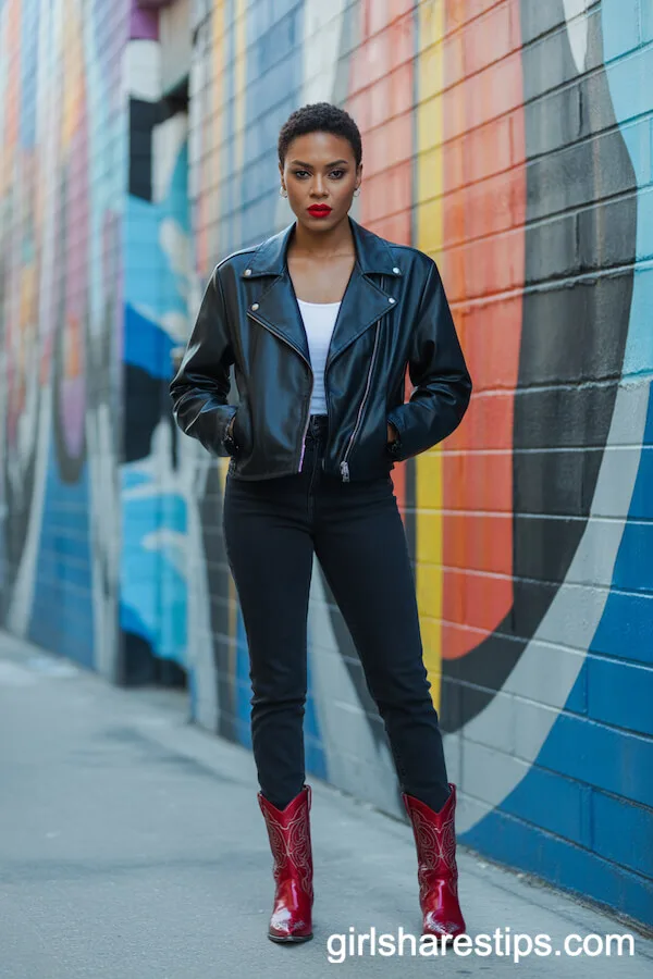 All-Black Moto Outfit with Red Cowboy Boots