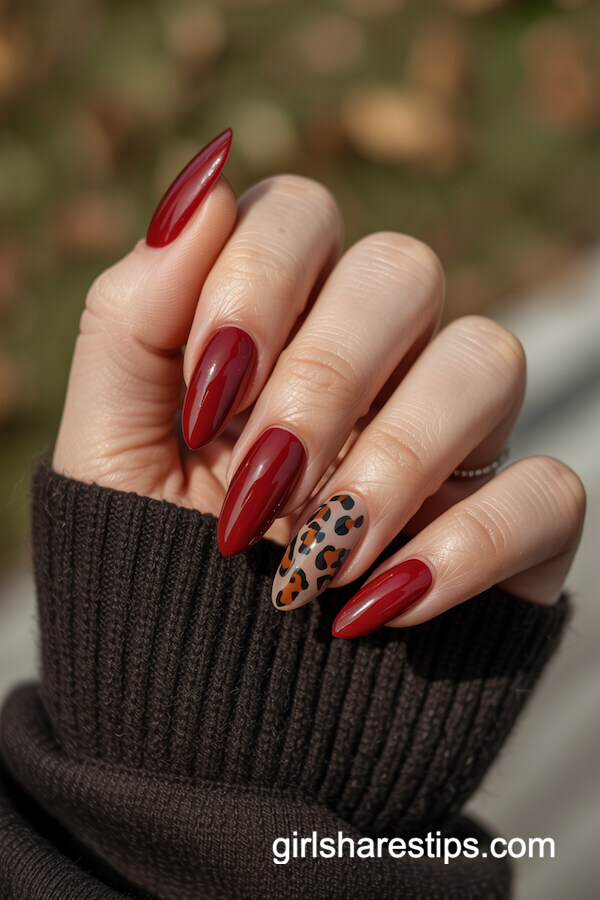 Deep Red with Leopard Print Accent