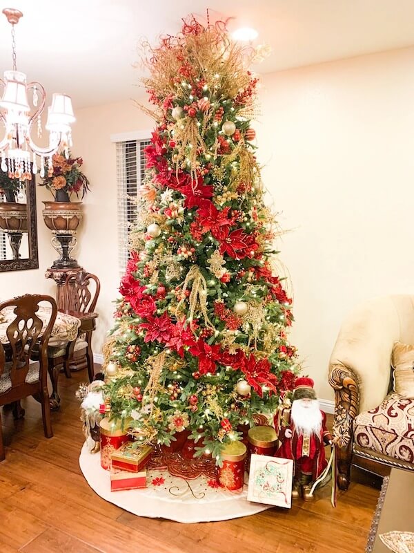 Classic Red and Gold Christmas Tree with Poinsettia Flowers