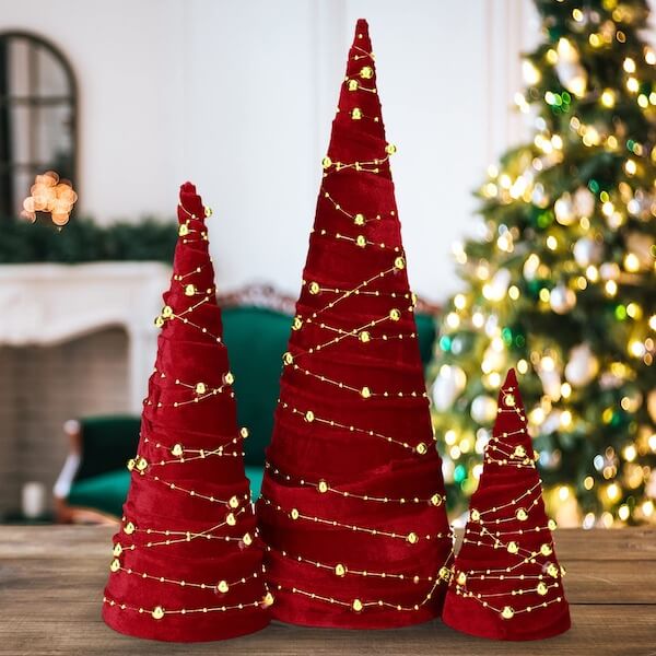 Velvet Red Cone Christmas Trees with Gold String Lights