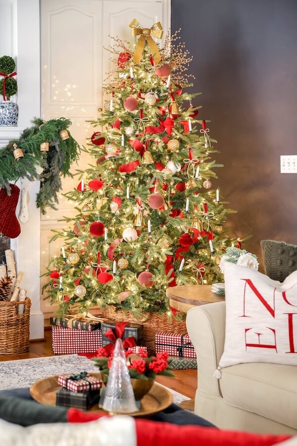 Traditional Red and Gold Christmas Tree with Velvet Ornaments and Gold Bows