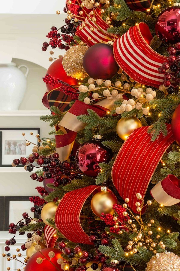 Red and Gold Christmas Tree with Textured Ribbon and Berry Sprays