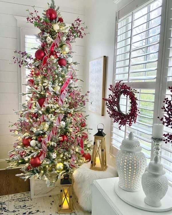 Red and Gold Christmas Tree with Candy Cane Ribbon Accents