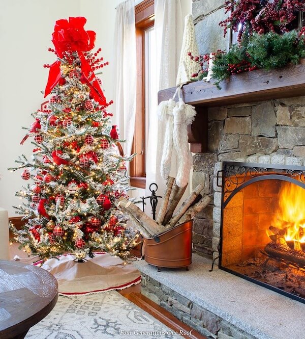 Red and Gold Christmas Tree with Plaid Ornaments and Big Bow Topper