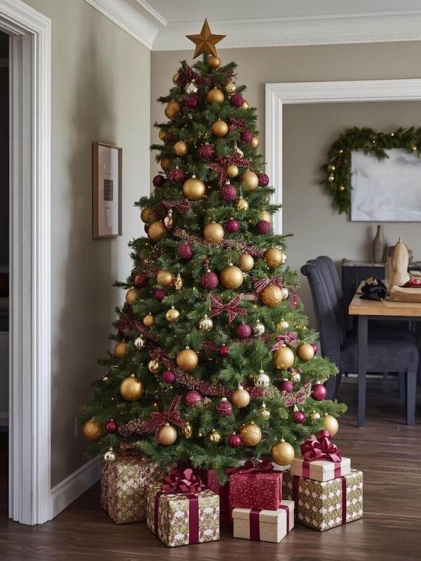 Burgundy and Gold Christmas Tree with Matching Ornaments