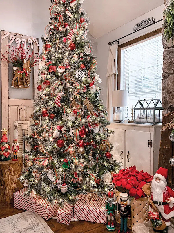 Red and Gold Christmas Tree with Nutcracker and Peppermint Decor