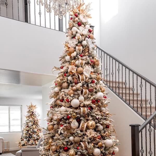 Luxe Red and Gold Christmas Tree with White Florals and Gold Bows