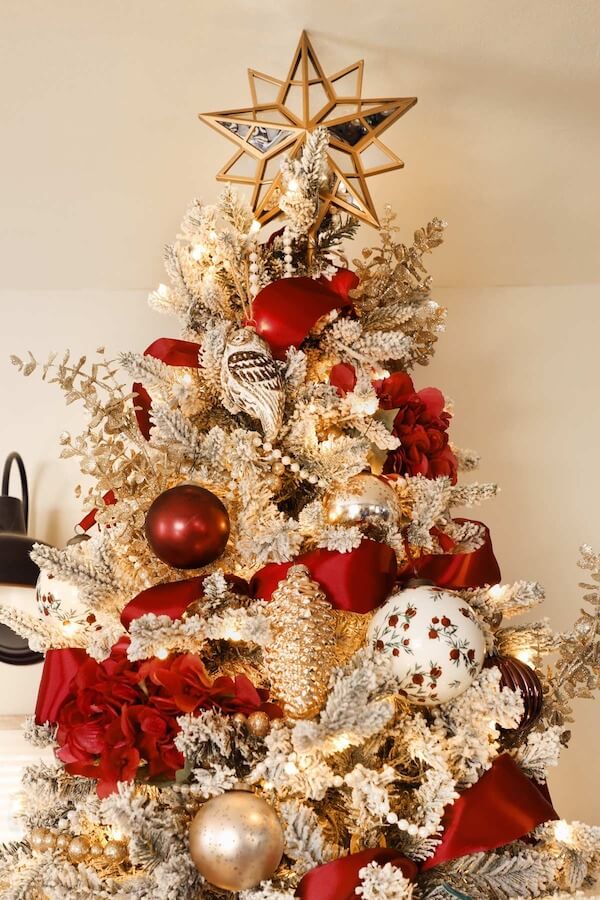 Gold Glitter and Burgundy Ribbon Christmas Tree