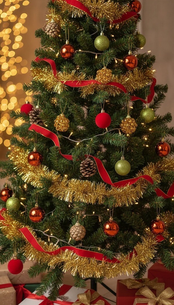 Red and Gold Tinsel Christmas Tree with Pinecones