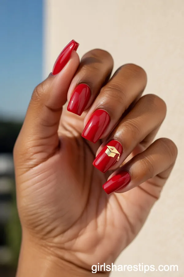 Classic Red Coffin Nails With Gold Graduation Cap Accent