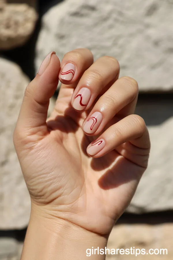 Short Oval Nude Nails With Red Wavy Line Art