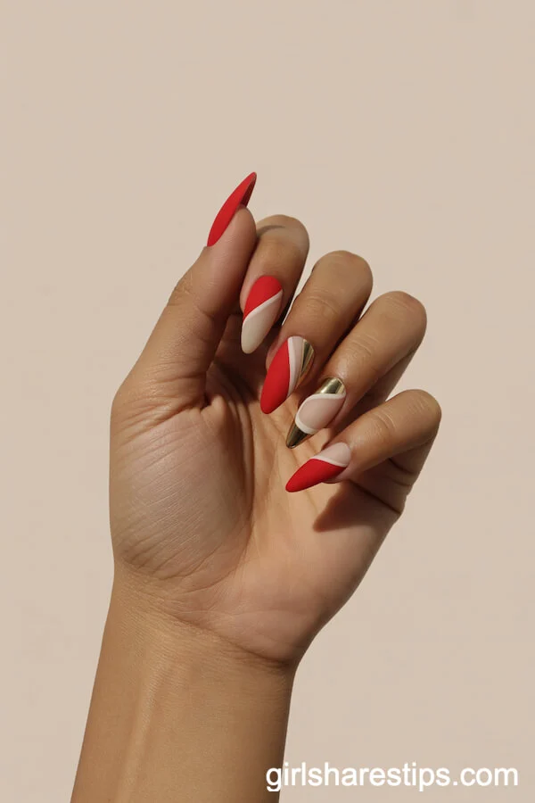 Geometric Red, White, And Gold Stiletto Nails