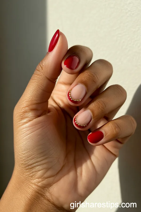 Round Red Nails With Nude Half-Moon And Gold Dots