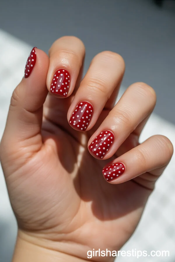 Glossy Red Square Nails With White Polka Dot Confetti
