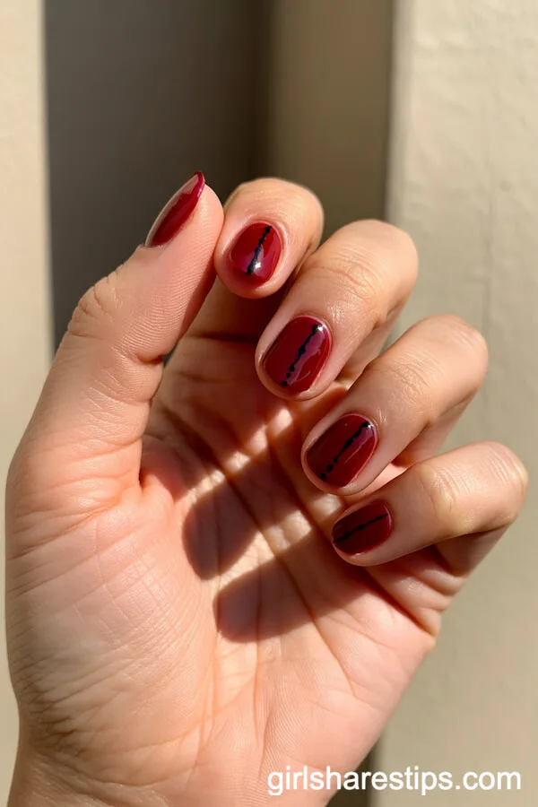 Deep Red Squoval Nails With Black Line And Dot Accents