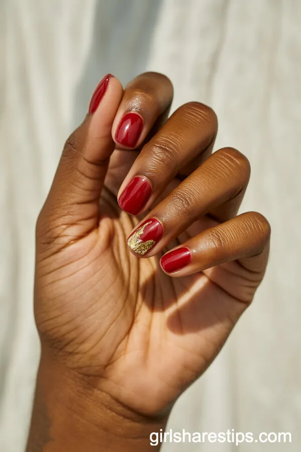 Short Red Square Nails With Gold Foil Accents