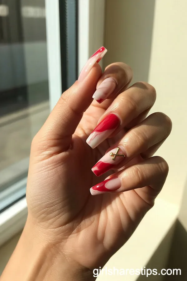 Red And White Marble Coffin Nails With Gold Diploma Accent