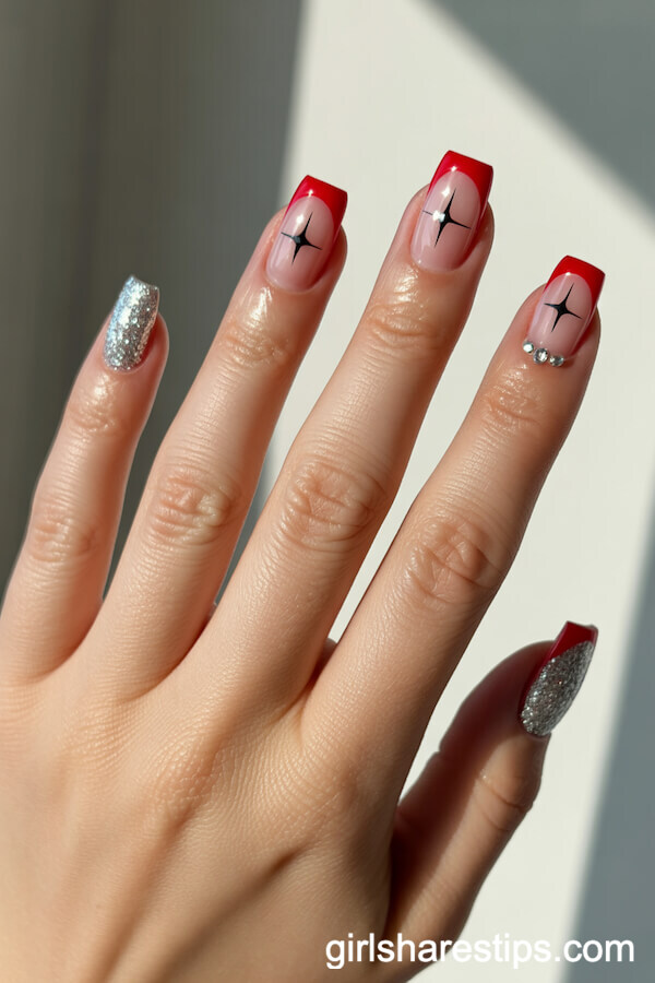 Glossy Red French Tip Square Nails With Black Stars And Rhinestones
