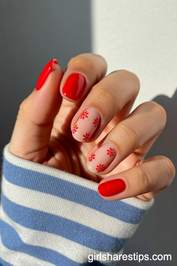 Bright Red And Nude Oval Nails With Mini Red Flower Art