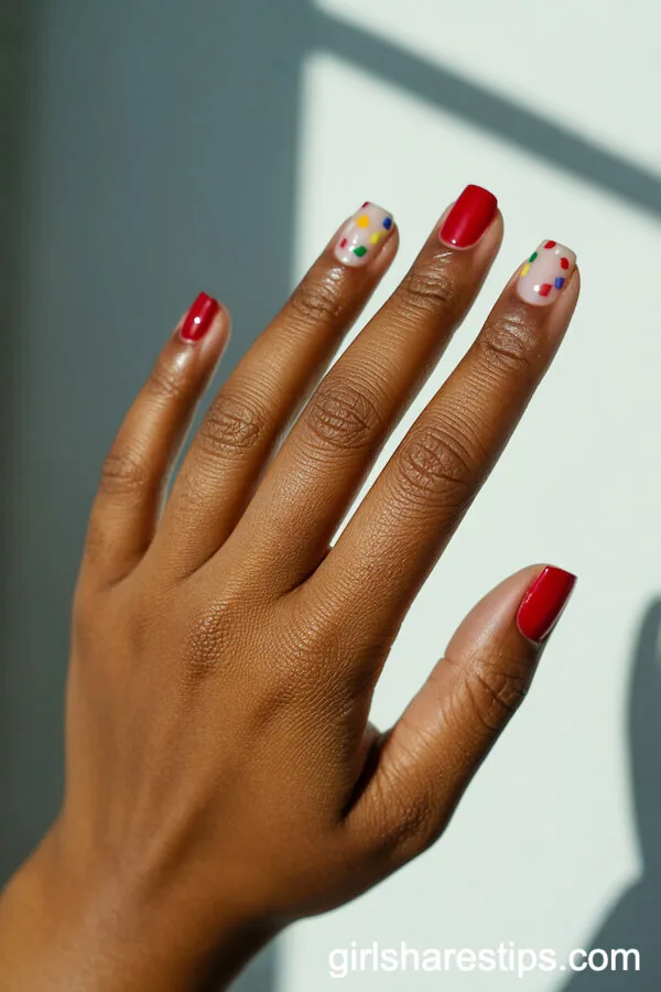 Short Red Square Nails With Confetti Dot Accents