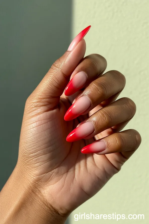 Red-to-Clear Ombre Stiletto Nails