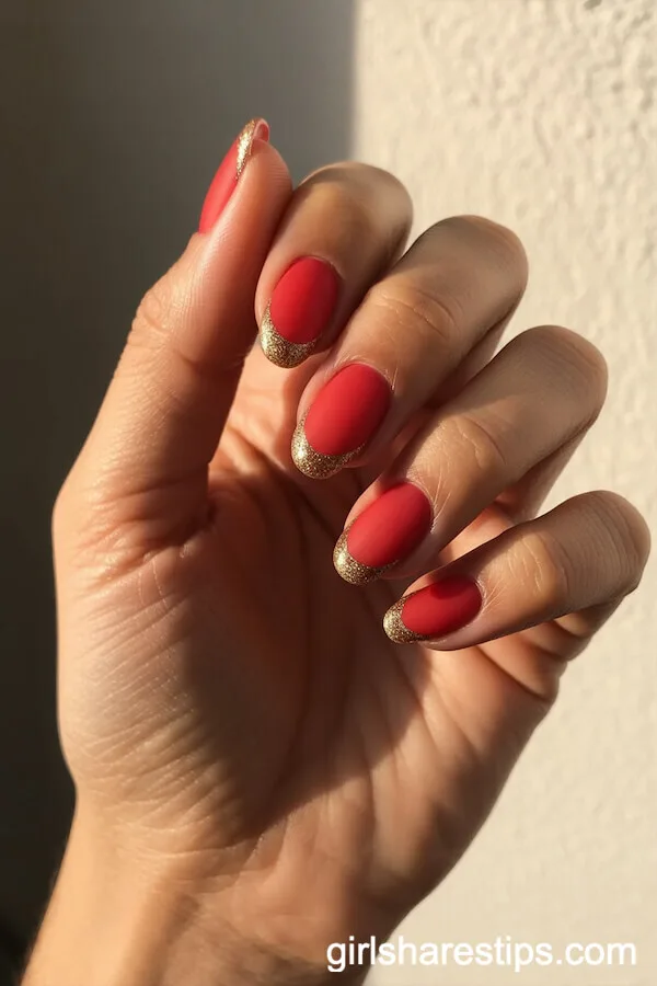 Matte Red Oval Nails With Gold Glitter-Dipped Tips