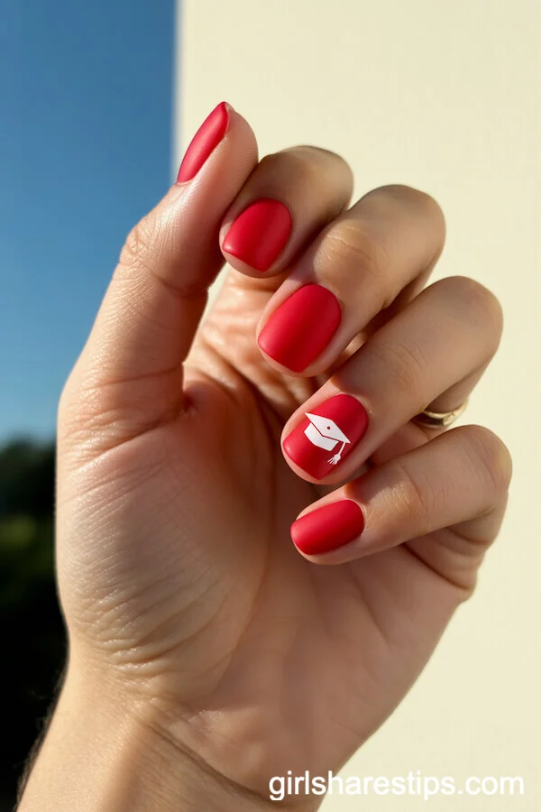 Matte Red Rounded Square Nails With Tiny White Graduation Cap