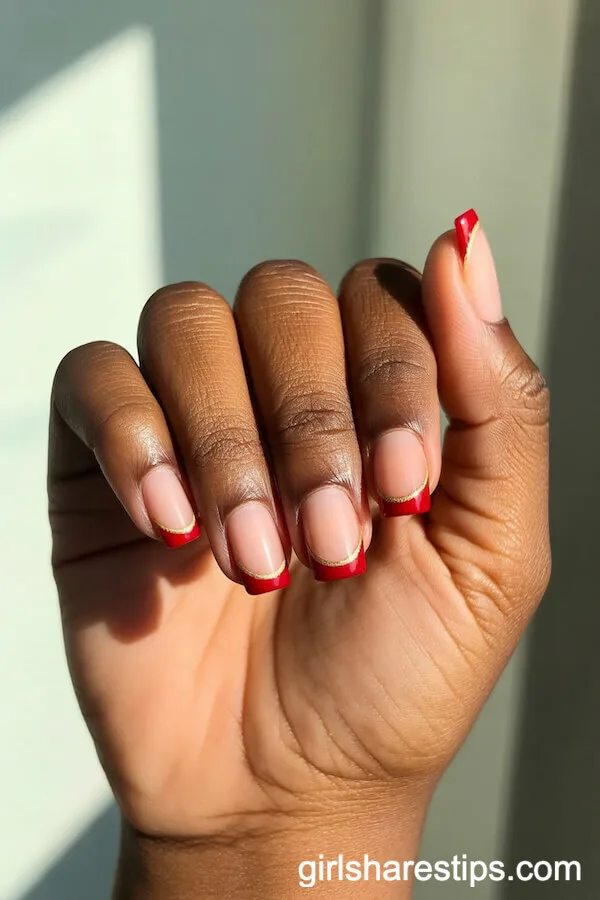 Short Red French Tips With Gold Outline