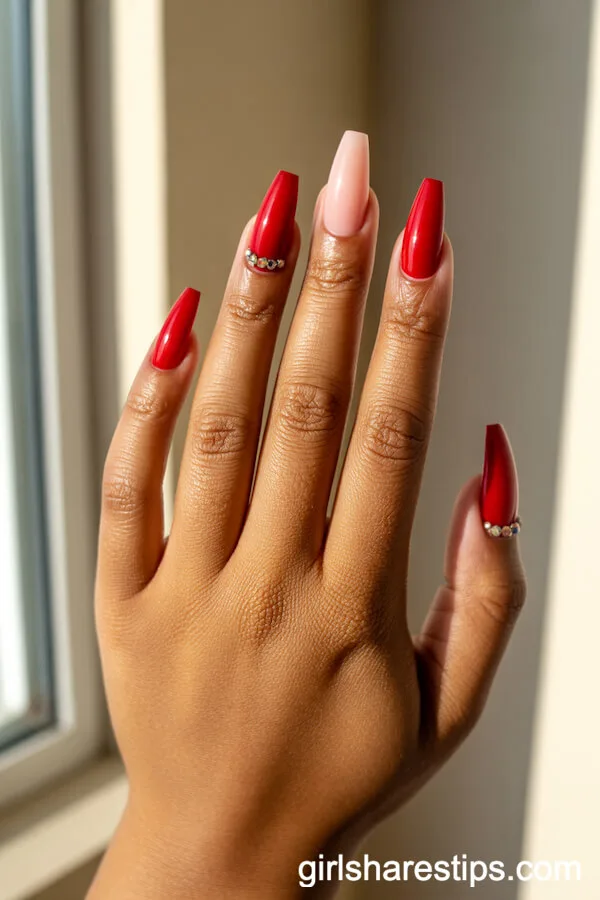 Cherry Red Coffin Nails With Rhinestone Accents