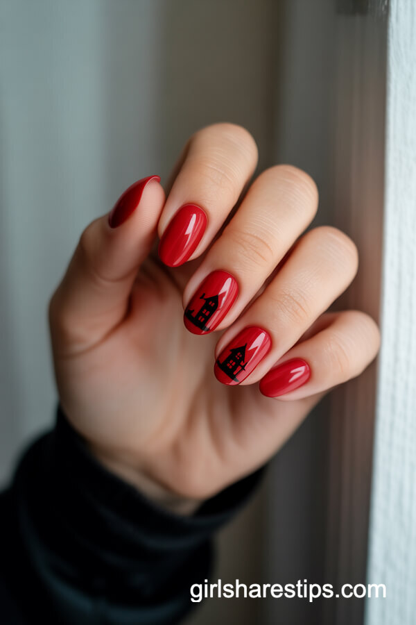Glossy Red Almond Nails with a Tiny Black Haunted House