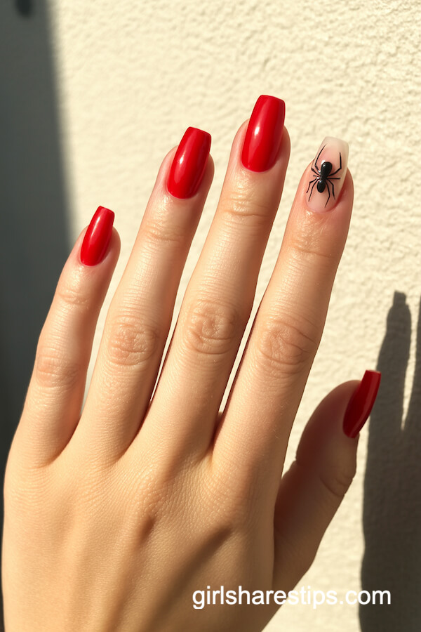 Bright Red Square Nails with a 3D Black Spider