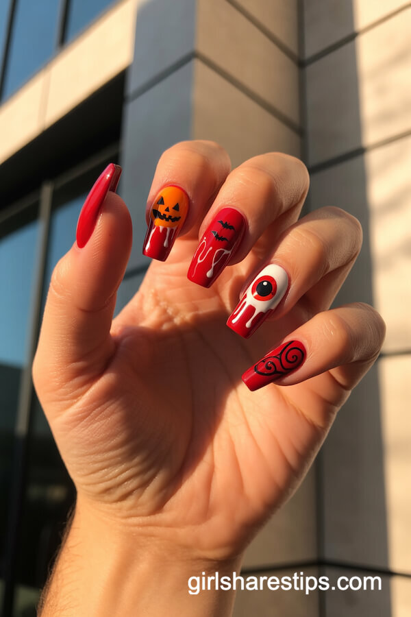 Medium Coffin Nails with Different Red Halloween Designs