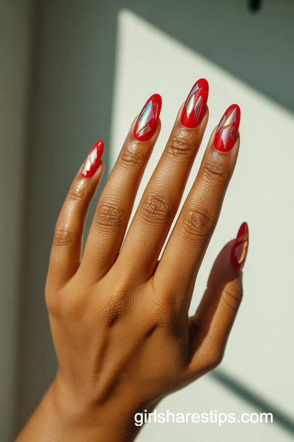 Red Almond Nails with Iridescent Foil Shards