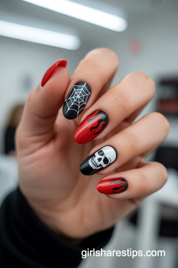 Mix of Matte Black and Glossy Red with White Spider Web and Skull
