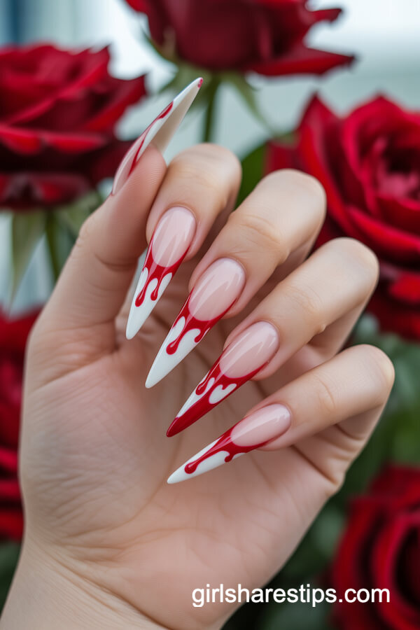 Nude and White French with Vivid Red 'Blood' Drip Tips