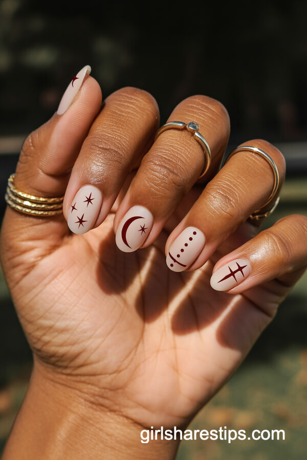 Matte Off-White Nails with Thin Red Halloween Symbols