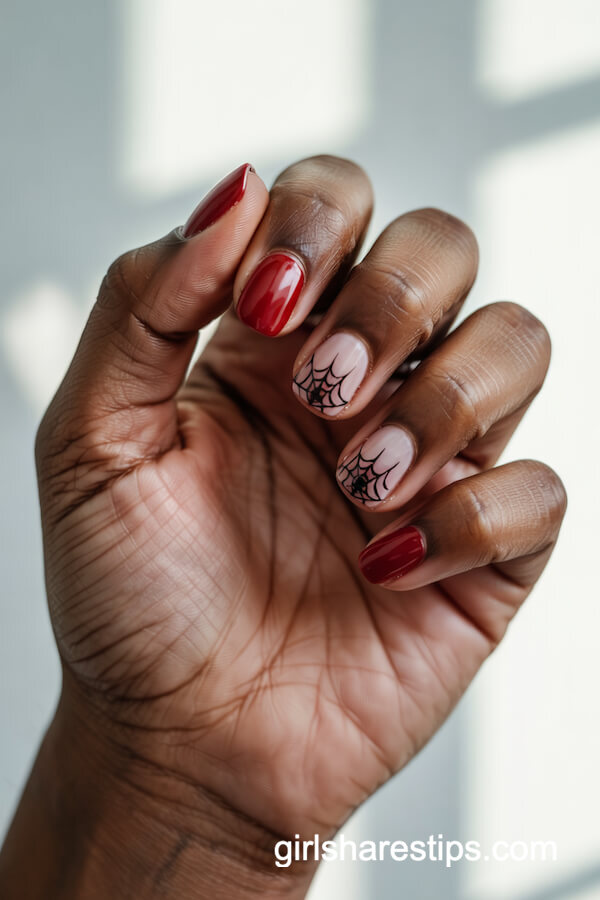 Red Square Nails with Black Spider Webs