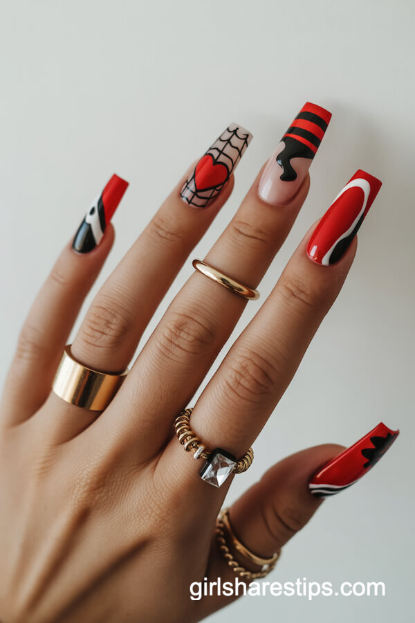 Elongated Coffin Nails with Red, Black, and White Halloween Designs