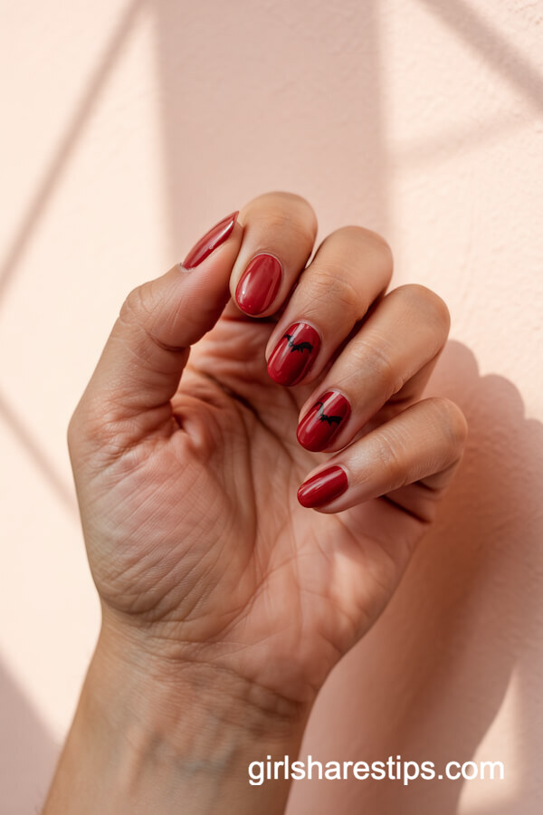 Red Squoval Nails with Small Black Bats