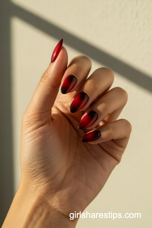 Smooh Red to Black Ombre Almond Nails