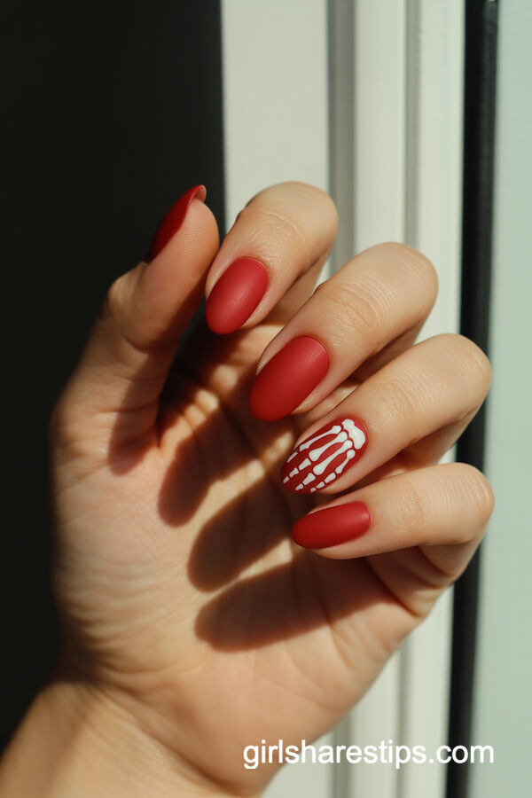 Matte Red Oval Nails with a White Skeleton Hand