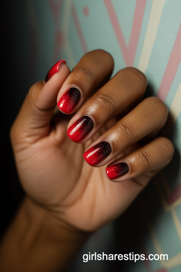 Bright Red to Black Glitter Fade Square Nails