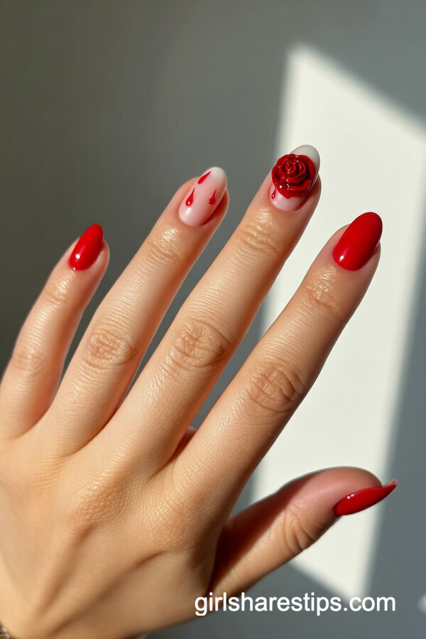 Vibrant Red Ballerina Nails with a 3D Rose and 'Blood' Drops
