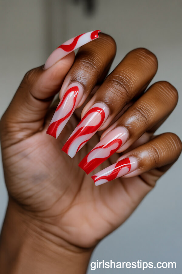 Abstract Red Art on Coffin Nails