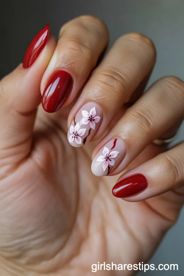 Cherry Blossom Accented Red Oval Nails